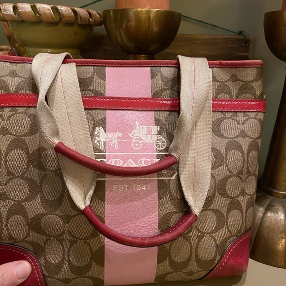 Coach Signature Pink Beige Heritage Stripe F11349 Tote Shoulder Bag - Picture 13 of 16